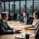 A business meeting in a modern conference room, featuring four professionals discussing documents with city skyline views through large windows. Choosing the Right Web Design Company in North West England